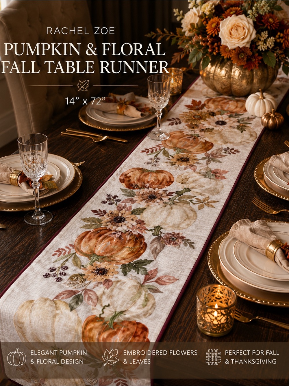 Rachel Zoe Cream & Orange Pumpkin Floral Table Runner